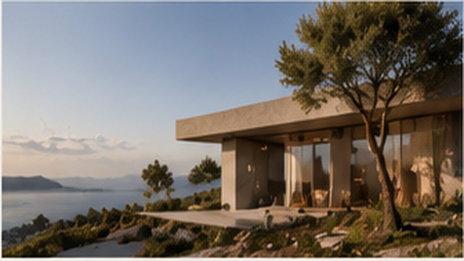 Modern coastal home in warm evening light